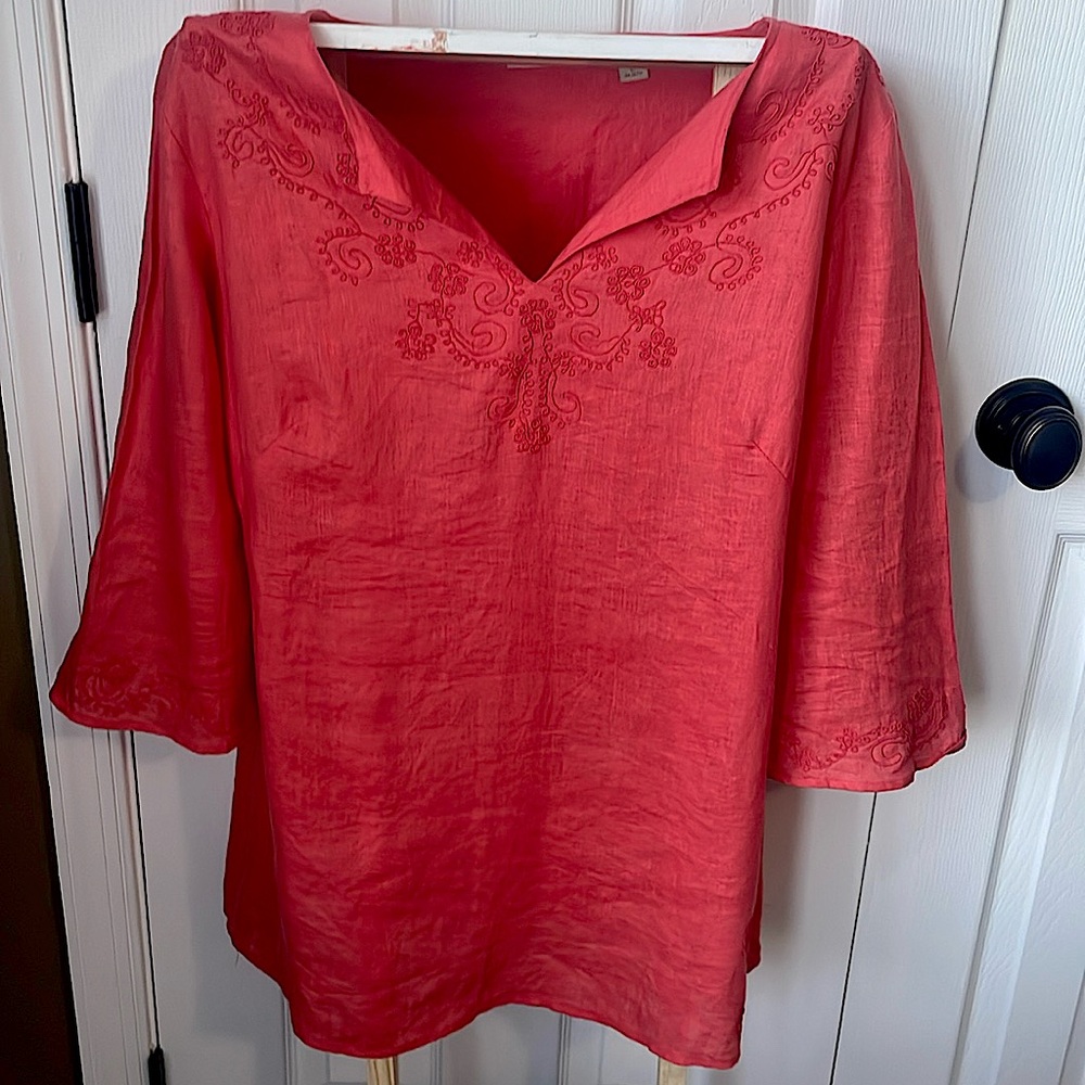 Valerie separates Coral check Embroidered Tunic, 3/4 sleeves, 100% Linen, Size L